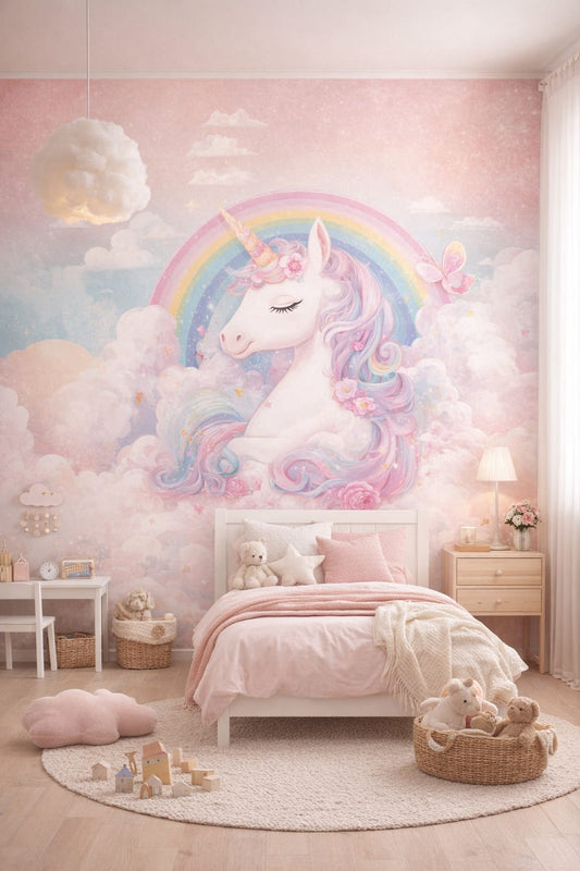 Scandi Kids light gray unicorn featuring rainbow - Wall Mural Peel and Stick Wallpaper for Scandi Kids Kids Bedroom.