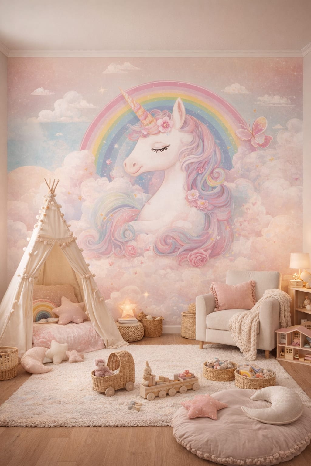Whimsical Boho terracotta-sage unicorn featuring rainbow - Wall Mural Peel and Stick Wallpaper for Whimsical Boho Playroom.
