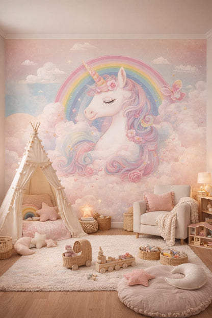Whimsical Boho terracotta-sage unicorn featuring rainbow - Wall Mural Peel and Stick Wallpaper for Whimsical Boho Playroom.