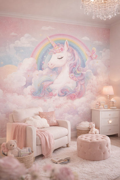 Blush gold unicorn featuring rainbow - Wall Mural Peel and Stick Wallpaper for Pastel Glam Nursery Reading Corner.
