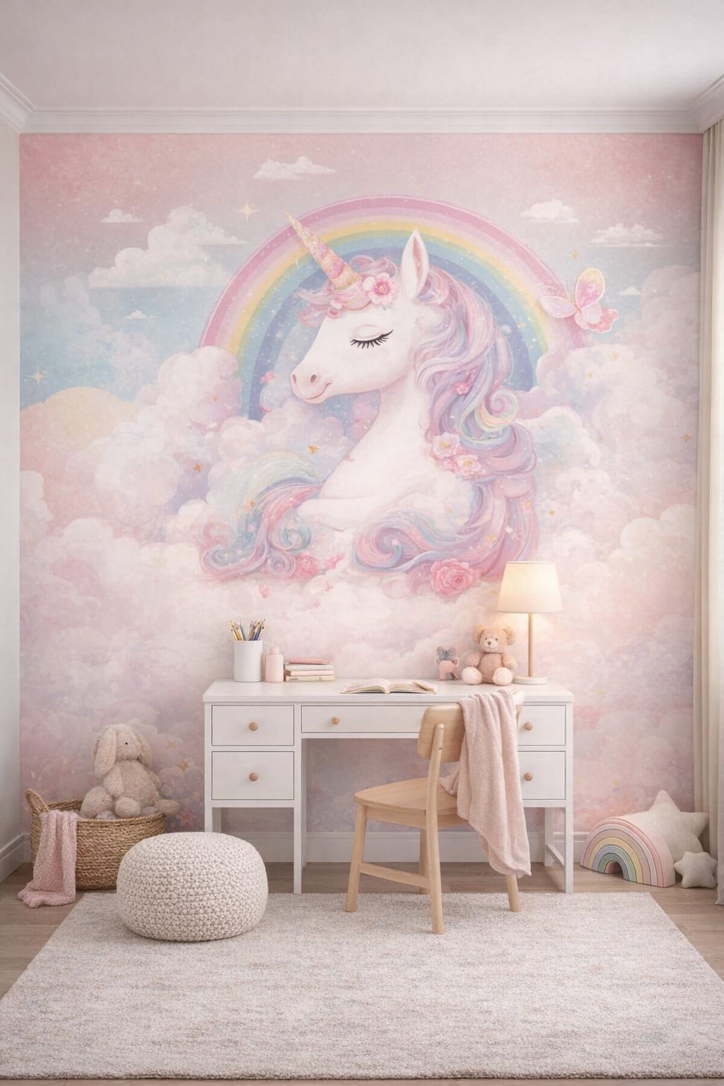 Modern Montessori neutral - unicorn featuring rainbow - Wall Mural Peel and Stick Wallpaper for Modern Montessori Homework / Study Corner.