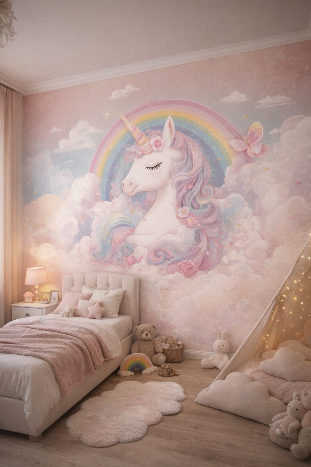 Contemporary neutral - unicorn featuring rainbow - Wall Mural Peel and Stick Wallpaper for Contemporary Kids Bedroom.