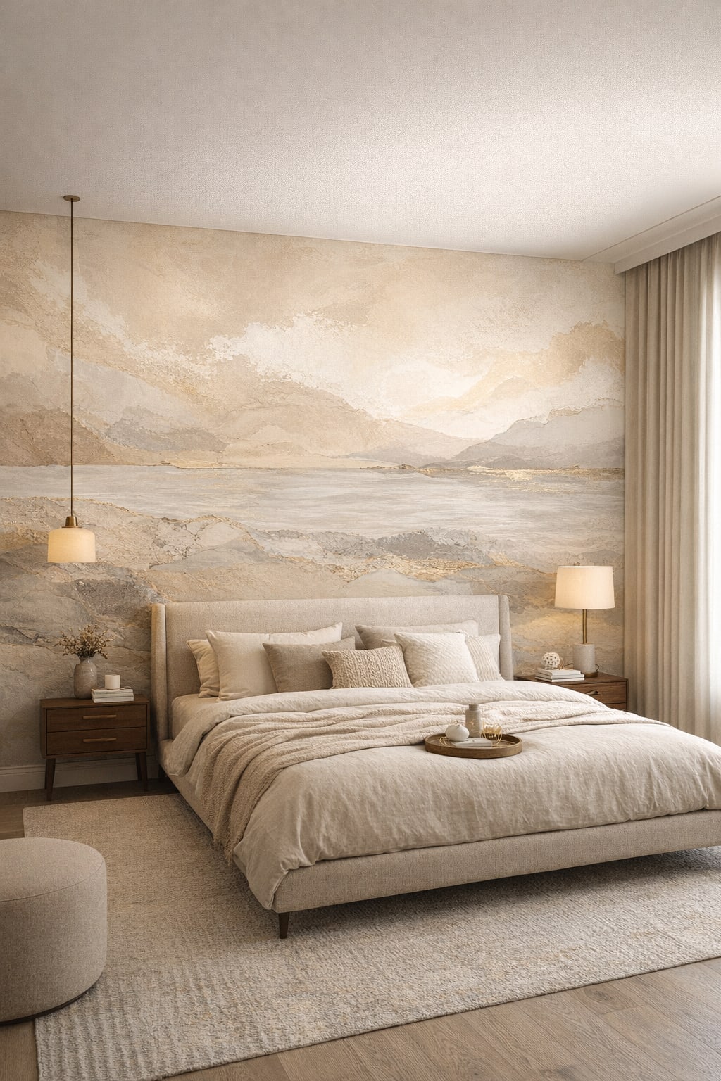 Greige Quiet Luxury abstract stone layers featuring gold veining - Wall Mural Peel and Stick Wallpaper for Quiet Luxury Master Bedroom.