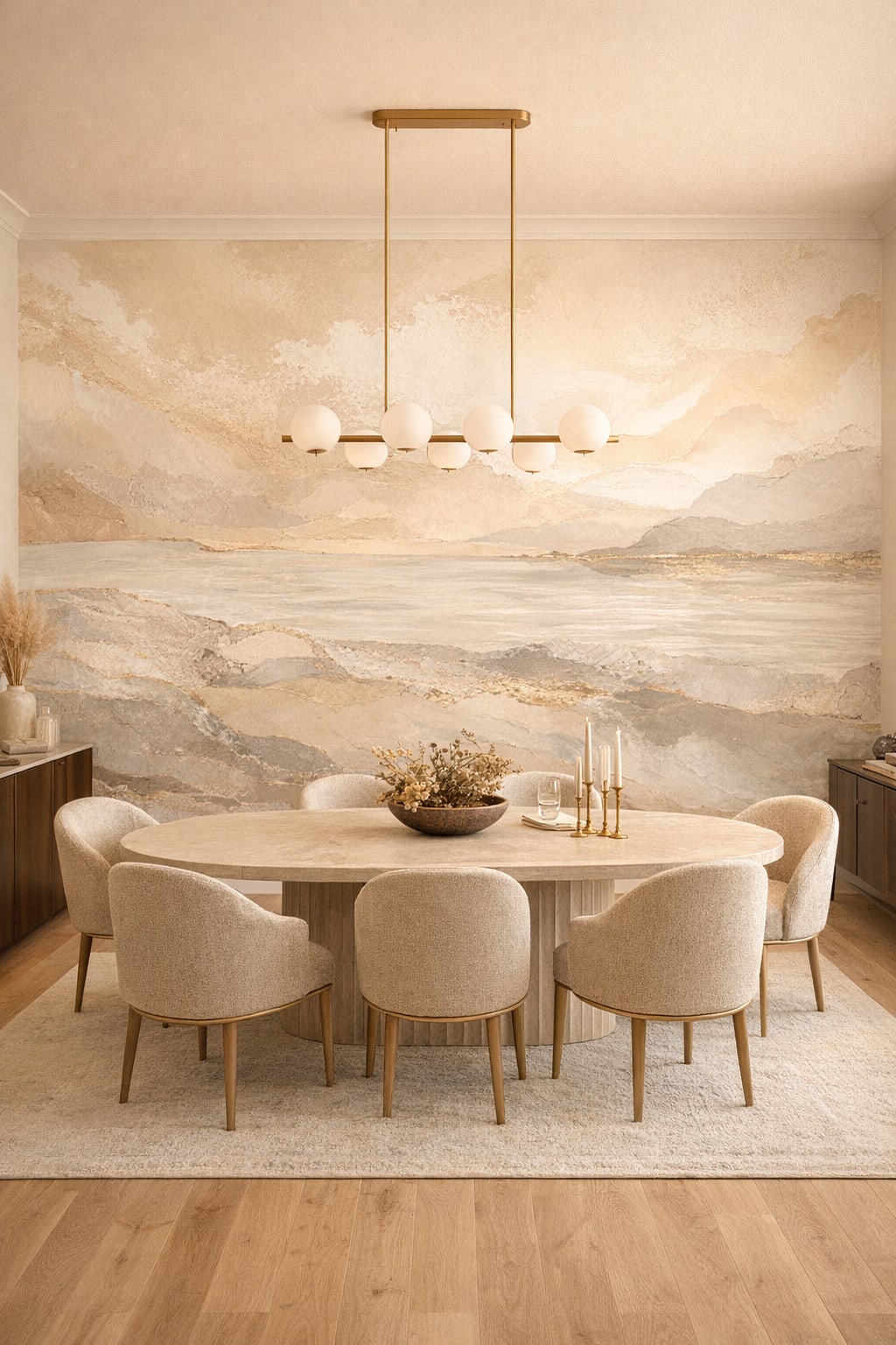 Luxury contemporary neutral abstract stone layers featuring gold veining - Wall Mural Peel and Stick Wallpaper for Luxury Contemporary Formal Dining Room.