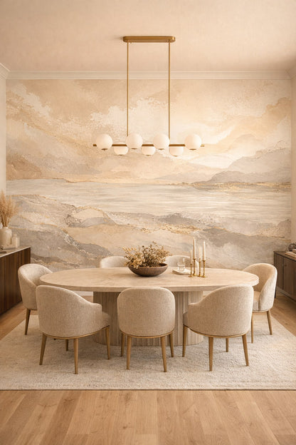 Luxury contemporary neutral abstract stone layers featuring gold veining - Wall Mural Peel and Stick Wallpaper for Luxury Contemporary Formal Dining Room.
