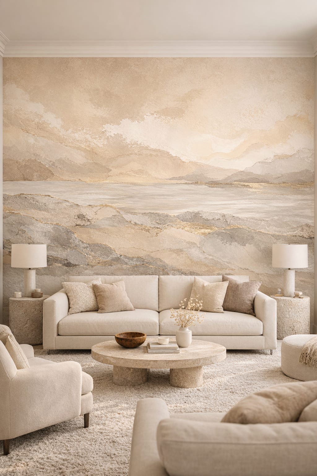 Cream Organic Modern abstract stone layers featuring gold veining - Wall Mural Peel and Stick Wallpaper for Organic Modern Living Room.