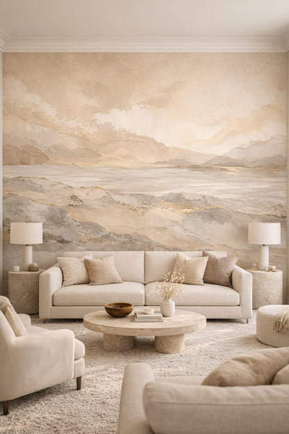 Cream Organic Modern abstract stone layers featuring gold veining - Wall Mural Peel and Stick Wallpaper for Organic Modern Living Room.