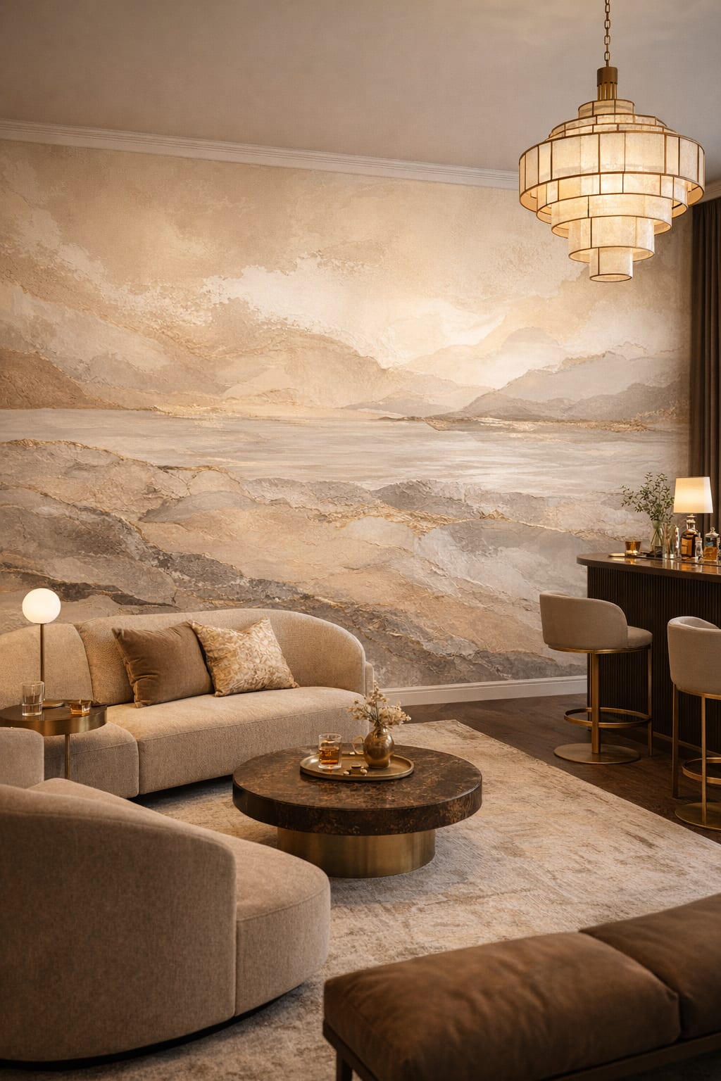 Art Deco black-gold abstract stone layers featuring gold veining - Wall Mural Peel and Stick Wallpaper for Art Deco Bar/Lounge.