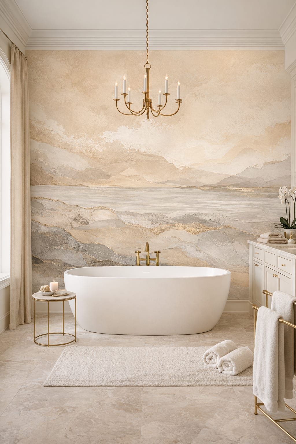 Cream warm-gray abstract stone layers featuring gold veining - Wall Mural Peel and Stick Wallpaper for Modern Classic Luxury Bathroom.