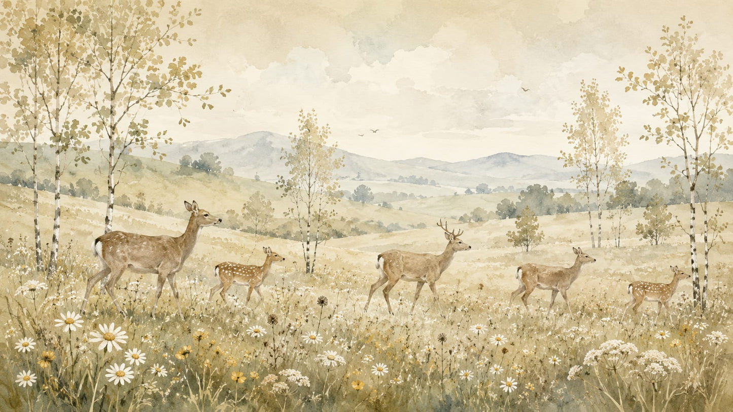 Serene watercolor Beige deer featuring birch trees and meadow wildflowers - Wall Mural & Peel and Stick Wallpaper for Watercolor Interiors and Premium Home Styling