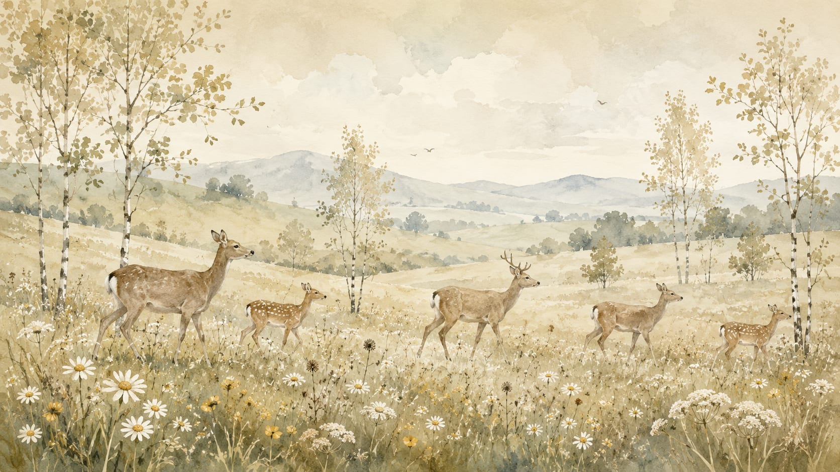 Serene watercolor Beige deer featuring birch trees and meadow wildflowers - Wall Mural & Peel and Stick Wallpaper for Watercolor Interiors and Premium Home Styling