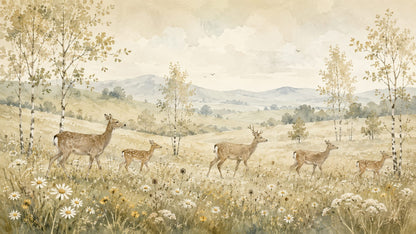 Serene watercolor Beige deer featuring birch trees and meadow wildflowers - Wall Mural & Peel and Stick Wallpaper for Watercolor Interiors and Premium Home Styling