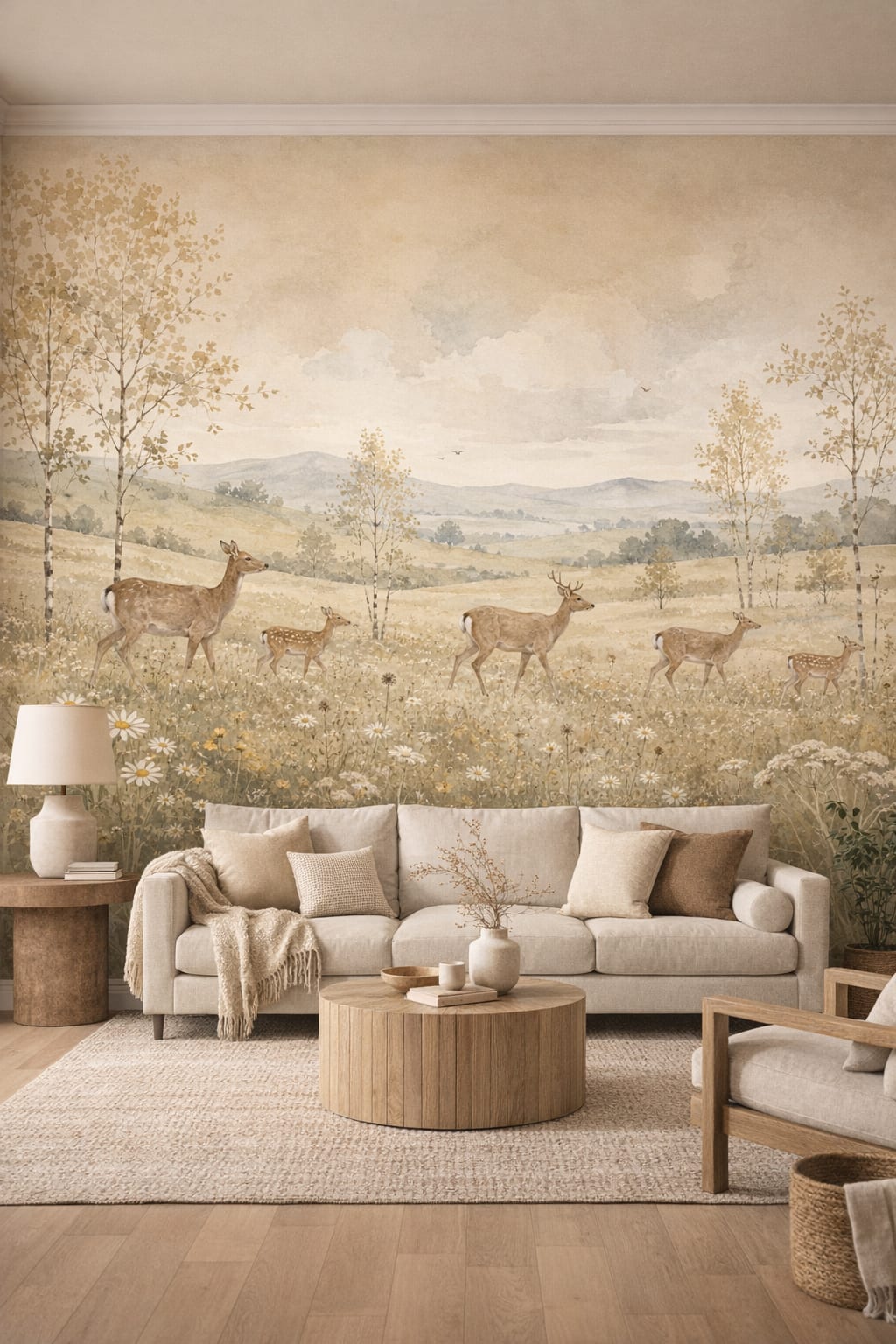 Cream Organic Modern deer featuring mountain landscape - Wall Mural Peel and Stick Wallpaper for Organic Modern Living Room.
