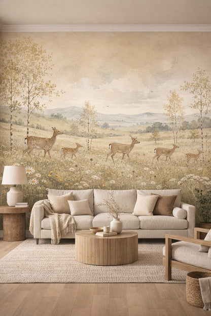 Cream Organic Modern deer featuring mountain landscape - Wall Mural Peel and Stick Wallpaper for Organic Modern Living Room.