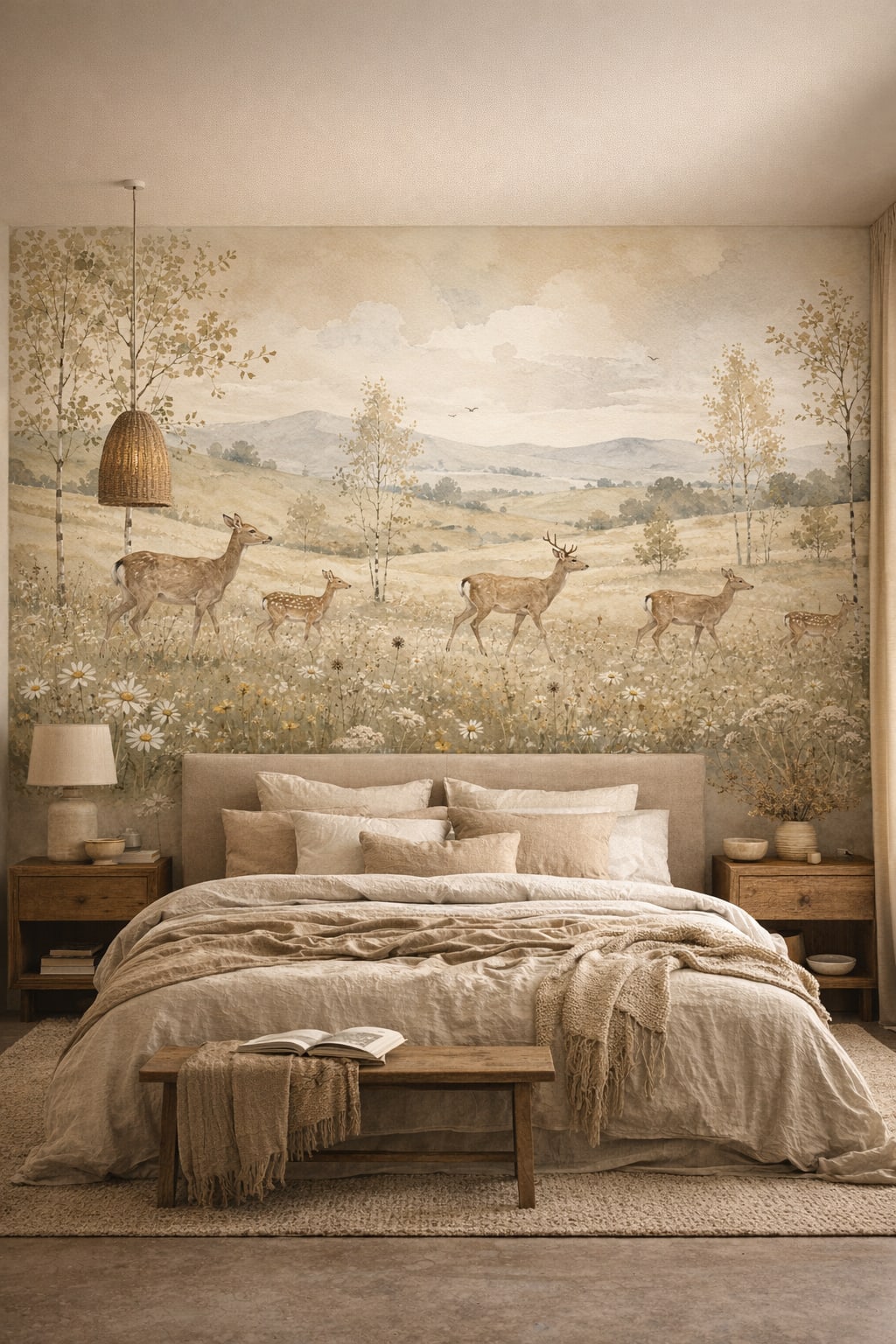 Wabi-sabi earth-tone deer featuring mountain landscape - Wall Mural Peel and Stick Wallpaper for Wabi-sabi Master Bedroom.