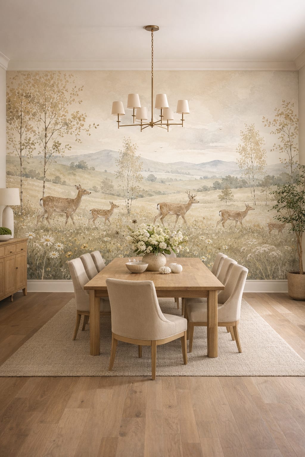 Biophilic green-neutral deer featuring mountain landscape - Wall Mural Peel and Stick Wallpaper for Biophilic Design Formal Dining Room.