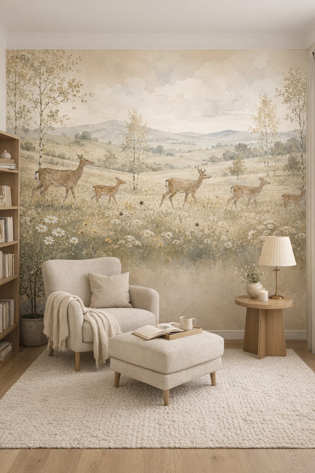Scandinavian white-gray deer featuring mountain landscape - Wall Mural Peel and Stick Wallpaper for Scandinavian Reading Corner.