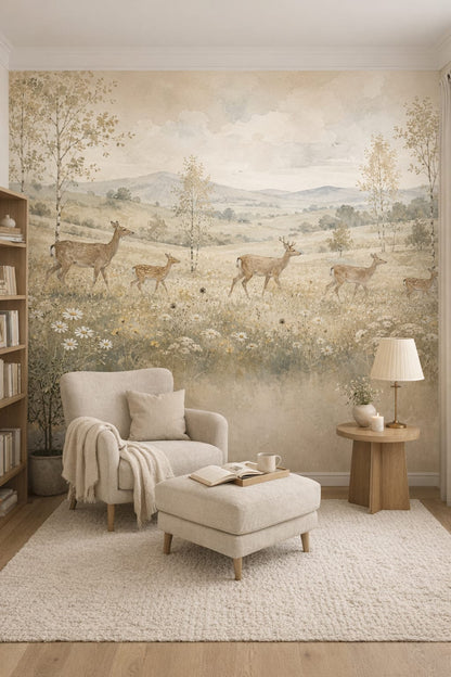 Scandinavian white-gray deer featuring mountain landscape - Wall Mural Peel and Stick Wallpaper for Scandinavian Reading Corner.