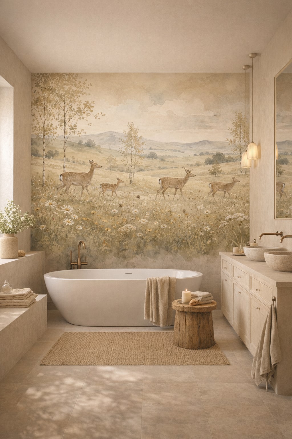 Mediterranean Modern sand-toned deer featuring mountain landscape - Wall Mural Peel and Stick Wallpaper for Mediterranean Modern Luxury Bathroom.
