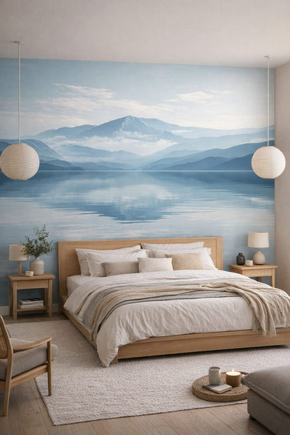 Japandi serene, sand-toned misty mountain lake featuring lake reflection - Wall Mural Peel and Stick Wallpaper for Japandi Master Bedroom.