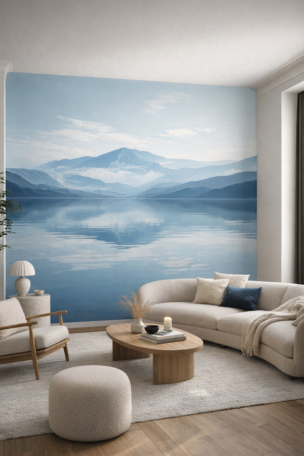 Cream sand Organic Modern misty mountain lake featuring lake reflection - Wall Mural Peel and Stick Wallpaper for Organic Modern Living Room.