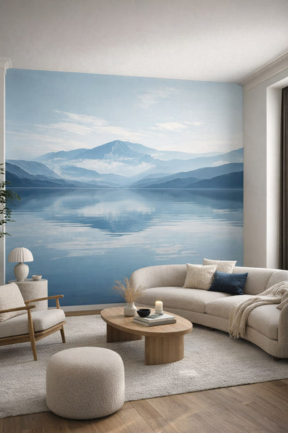 Cream sand Organic Modern misty mountain lake featuring lake reflection - Wall Mural Peel and Stick Wallpaper for Organic Modern Living Room.