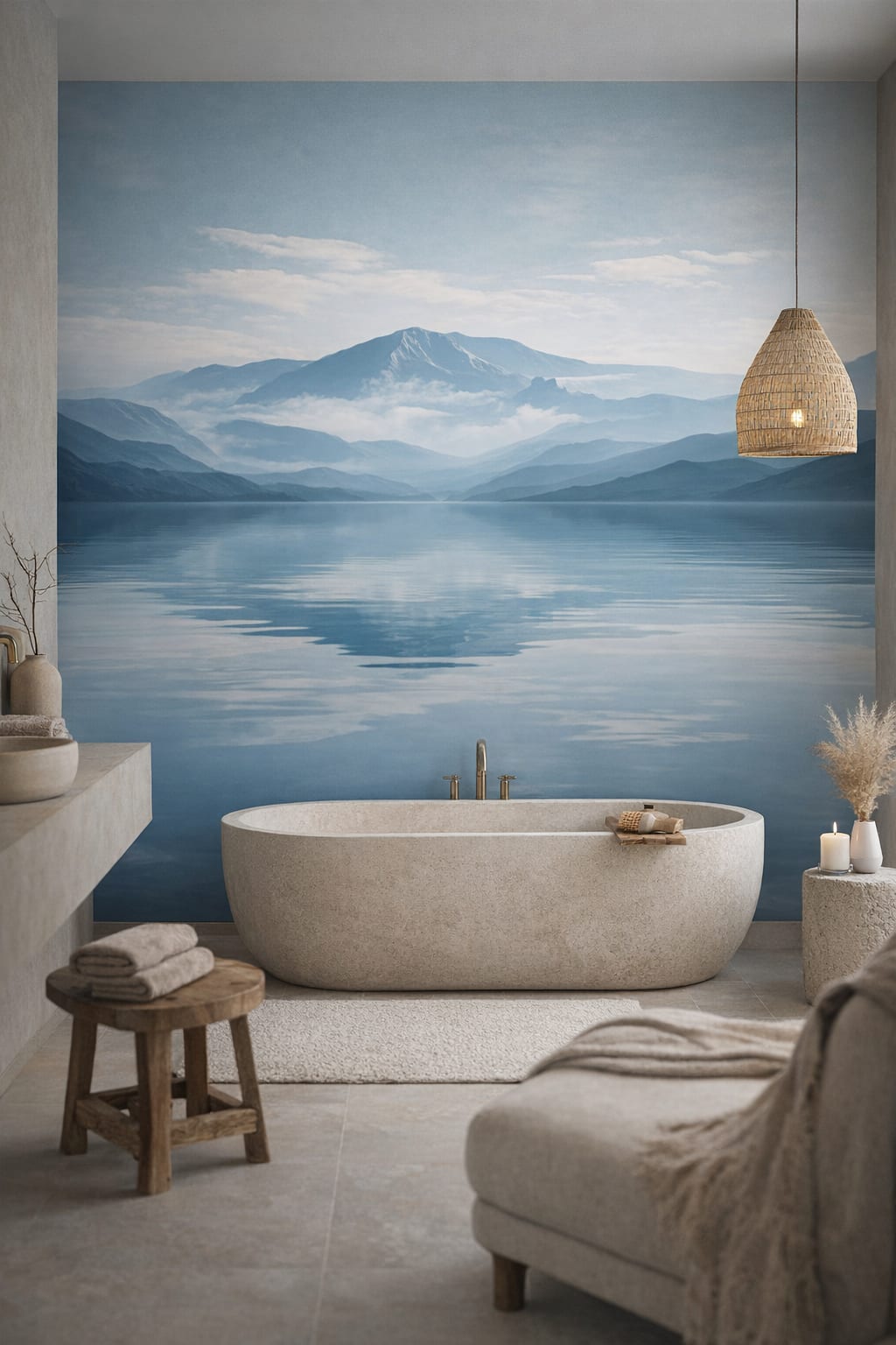 Wabi-sabi serene, muted earth tones misty mountain lake featuring soft clouds - Wall Mural Peel and Stick Wallpaper for Wabi-sabi Luxury Bathroom.