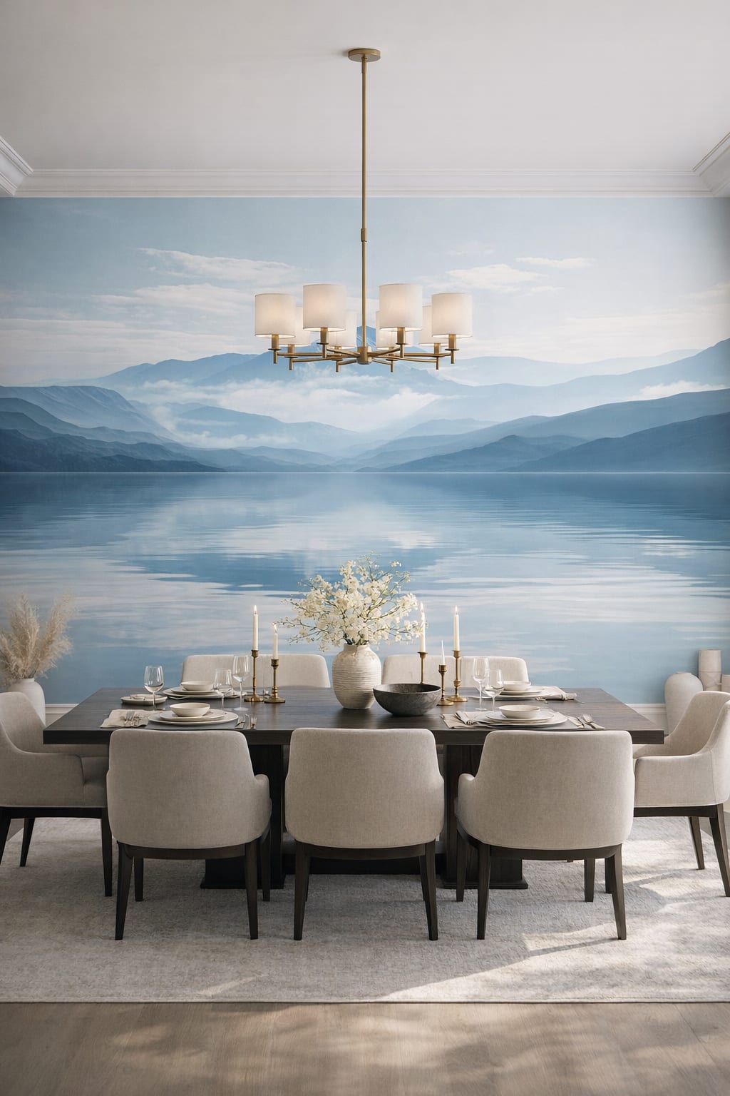 Quiet Luxury greige misty mountain lake featuring lake reflection - Wall Mural Peel and Stick Wallpaper for Quiet Luxury Formal Dining Room.