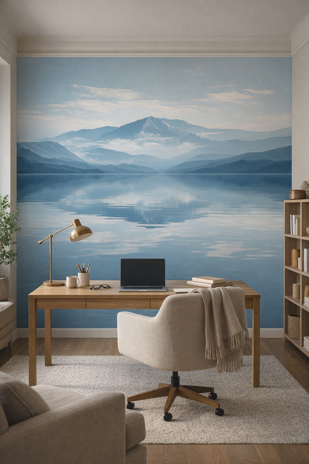 Scandinavian white-gray misty mountain lake featuring lake reflection - Wall Mural Peel and Stick Wallpaper for Scandinavian Executive Home Office.