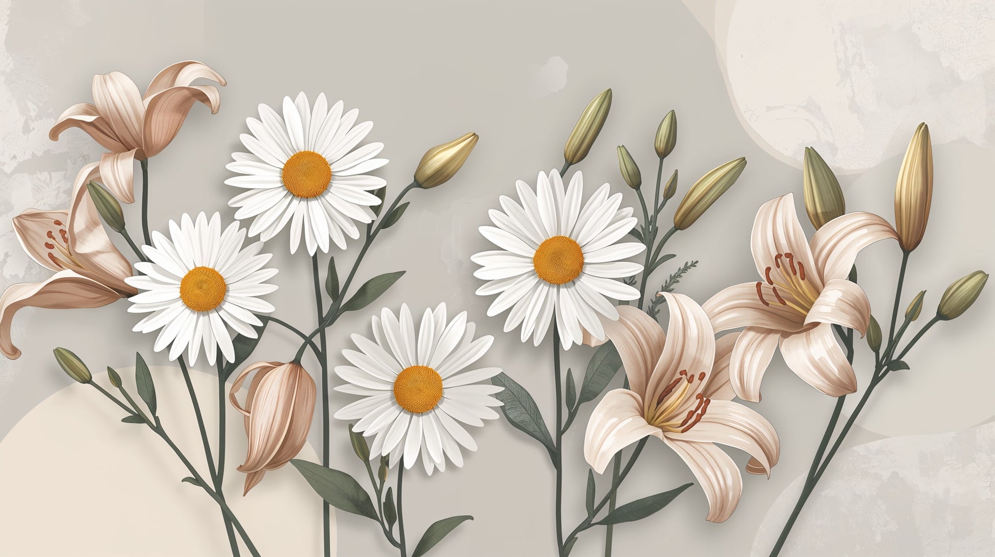 Elegant airy Beige floral blossoms featuring layered petals and slender stems - Wall Mural & Peel and Stick Wallpaper for Illustrated Interiors and Premium Home Styling