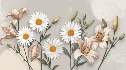 Elegant airy Beige floral blossoms featuring layered petals and slender stems - Wall Mural & Peel and Stick Wallpaper for Illustrated Interiors and Premium Home Styling