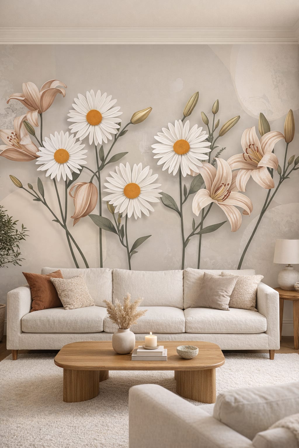 Cream Organic Modern floral blossoms - Wall Mural Peel and Stick Wallpaper for Organic Modern Living Room.