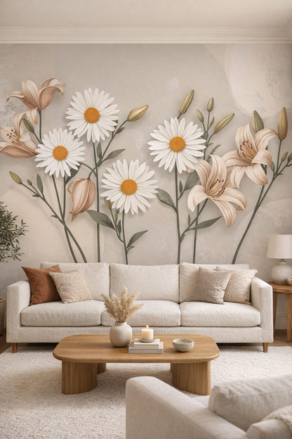 Cream Organic Modern floral blossoms - Wall Mural Peel and Stick Wallpaper for Organic Modern Living Room.