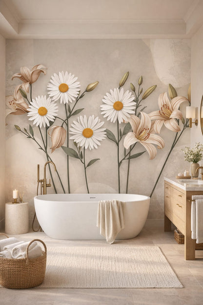 Quiet Luxury greige floral blossoms - Wall Mural Peel and Stick Wallpaper for Quiet Luxury Luxury Bathroom.