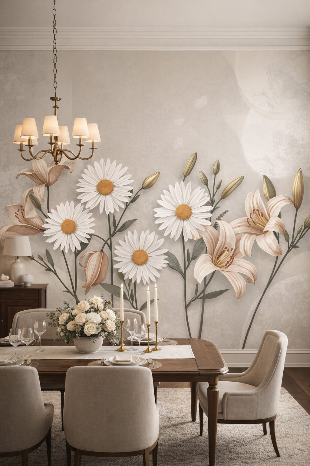 Cream Modern Classic floral blossoms - Wall Mural Peel and Stick Wallpaper for Modern Classic Formal Dining Room.