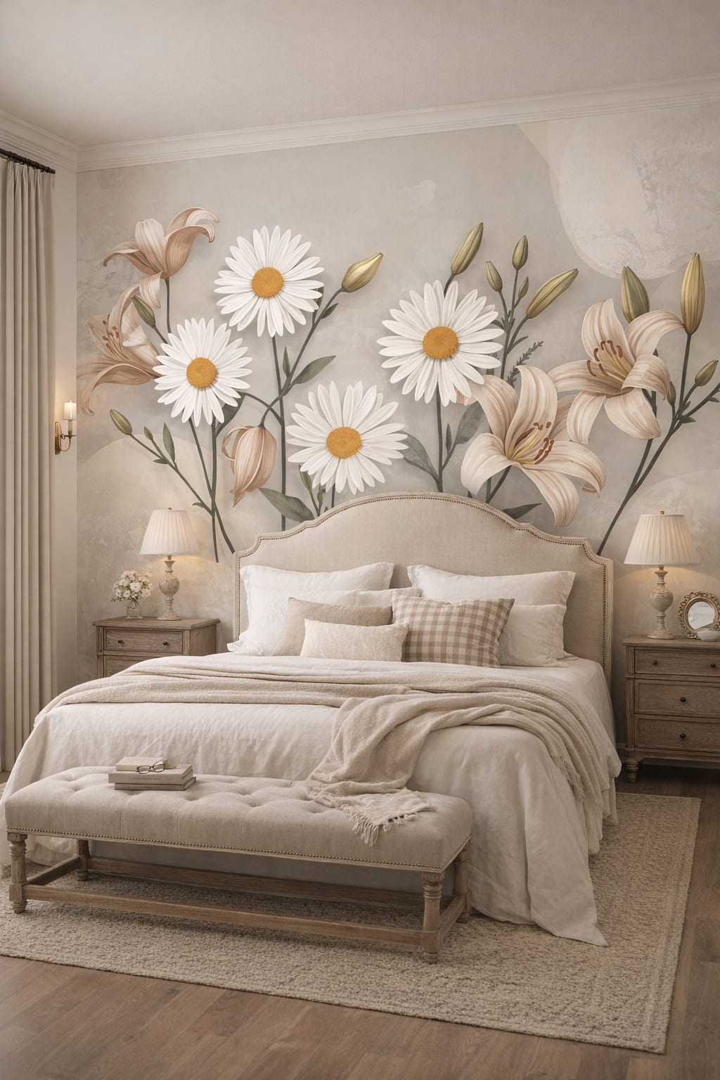 French Country beige floral blossoms - Wall Mural Peel and Stick Wallpaper for French Country Guest Bedroom.