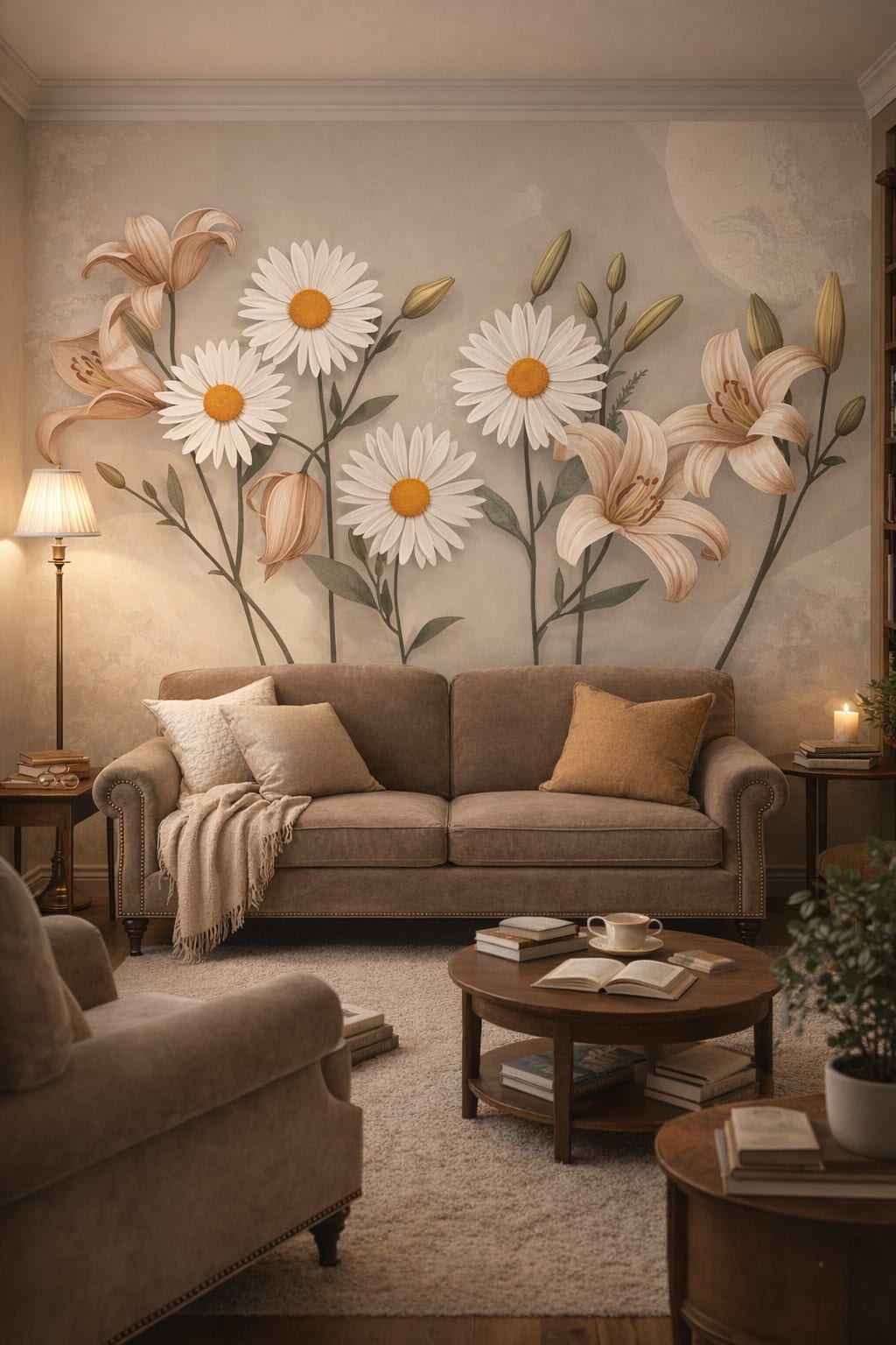 Art Nouveau cream floral blossoms - Wall Mural Peel and Stick Wallpaper for Art Nouveau Reading Room.