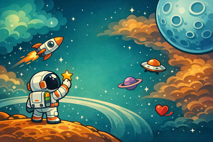 Playful whimsical Teal astronaut scene featuring rocket ship, planets, moon and stars - Wall Mural & Peel and Stick Wallpaper for Space Cartoon Nursery or Kids Room.