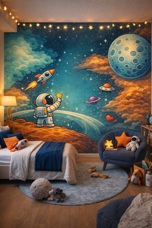 Navy celestial - Astronaut with rocket, planets and moon - Wall Mural Peel and Stick Wallpaper for Outer Space / Celestial Kids Bedroom.