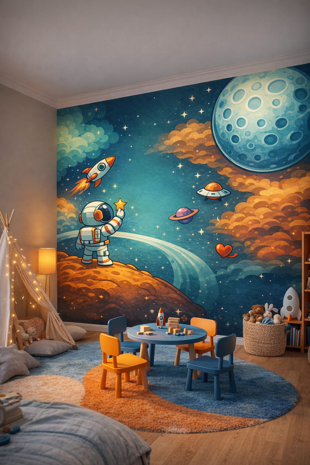 Space Age orange-silver astronaut and planets - Wall Mural Peel and Stick Wallpaper for Space Age Playroom.