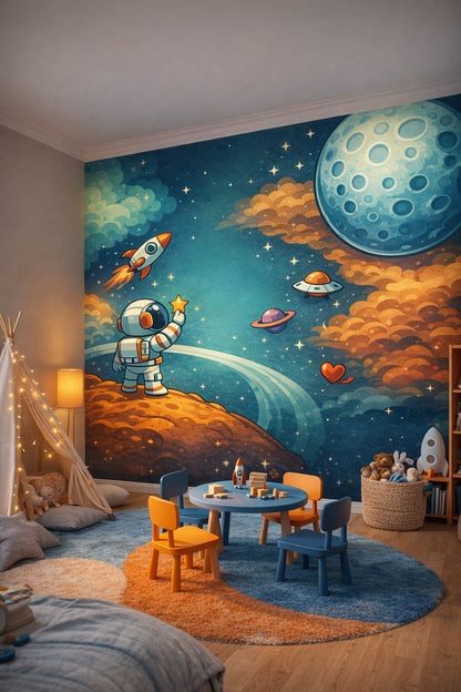 Space Age orange-silver astronaut and planets - Wall Mural Peel and Stick Wallpaper for Space Age Playroom.
