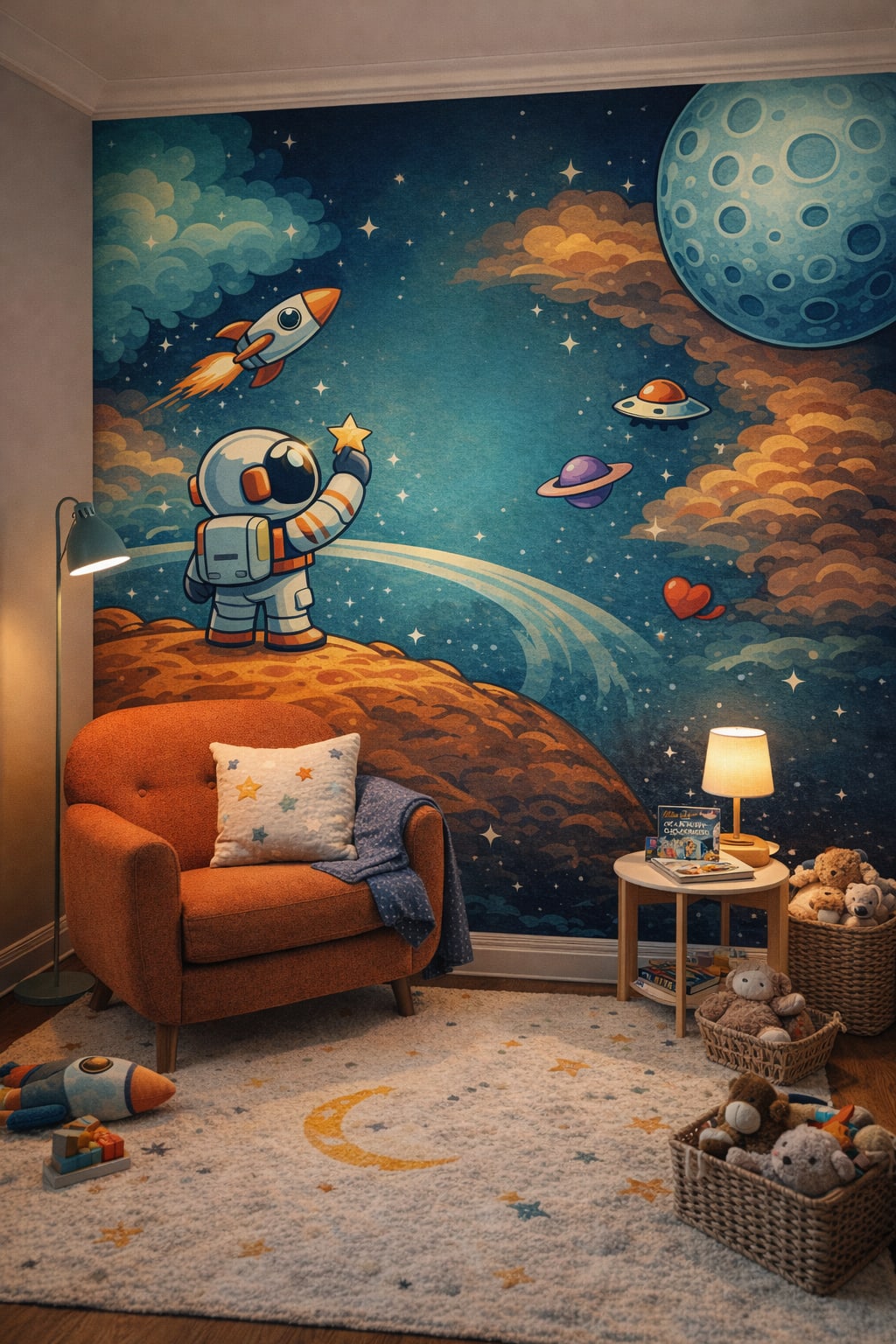 Pop Art primary-color - astronaut with rocket, planets and stars - Wall Mural Peel and Stick Wallpaper for Pop Art Reading Corner.