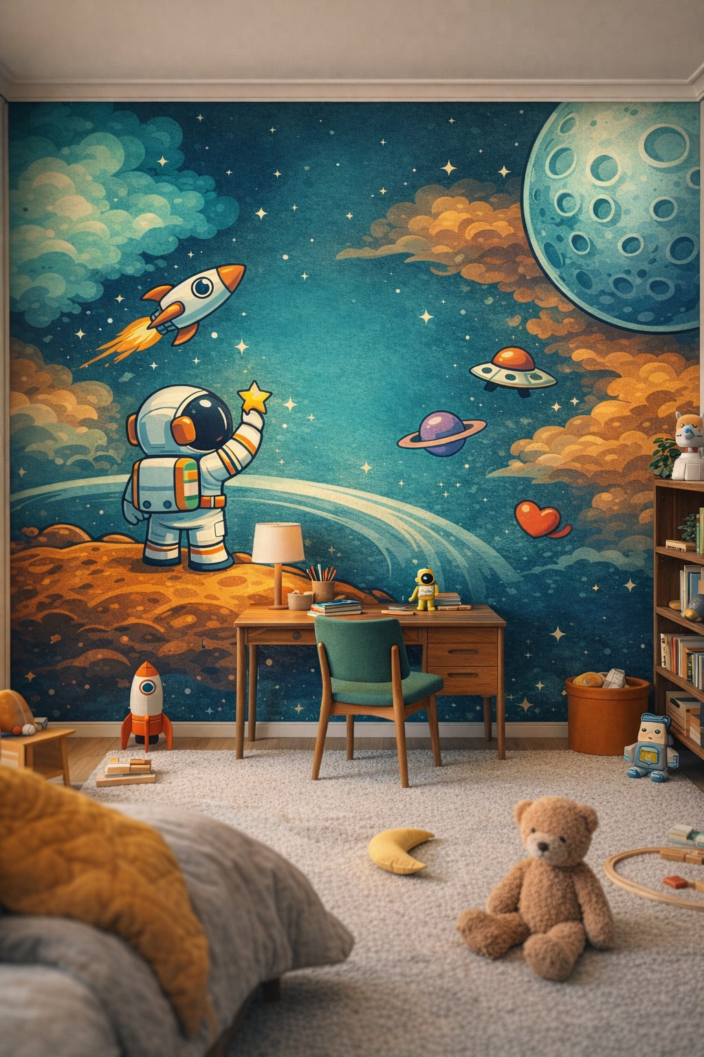 Teal walnut Mid-century Kids - astronaut and rockets in space scene - Wall Mural Peel and Stick Wallpaper for Mid-century Kids Homework / Study Corner.