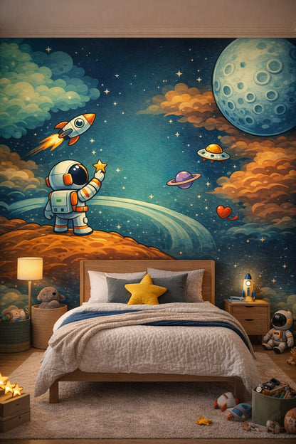 Contemporary mint astronaut and planets scene - Wall Mural Peel and Stick Wallpaper for Gender-Neutral Contemporary Kids Bedroom.