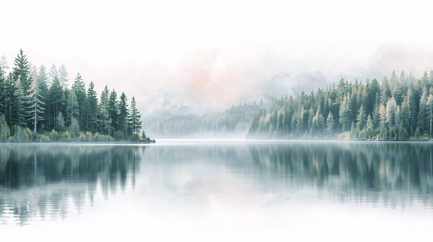 Atmospheric serene Mist Blue misty forest lake featuring evergreen trees and water reflections - Wall Mural & Peel and Stick Wallpaper for Painterly Interiors and Premium Home Styling