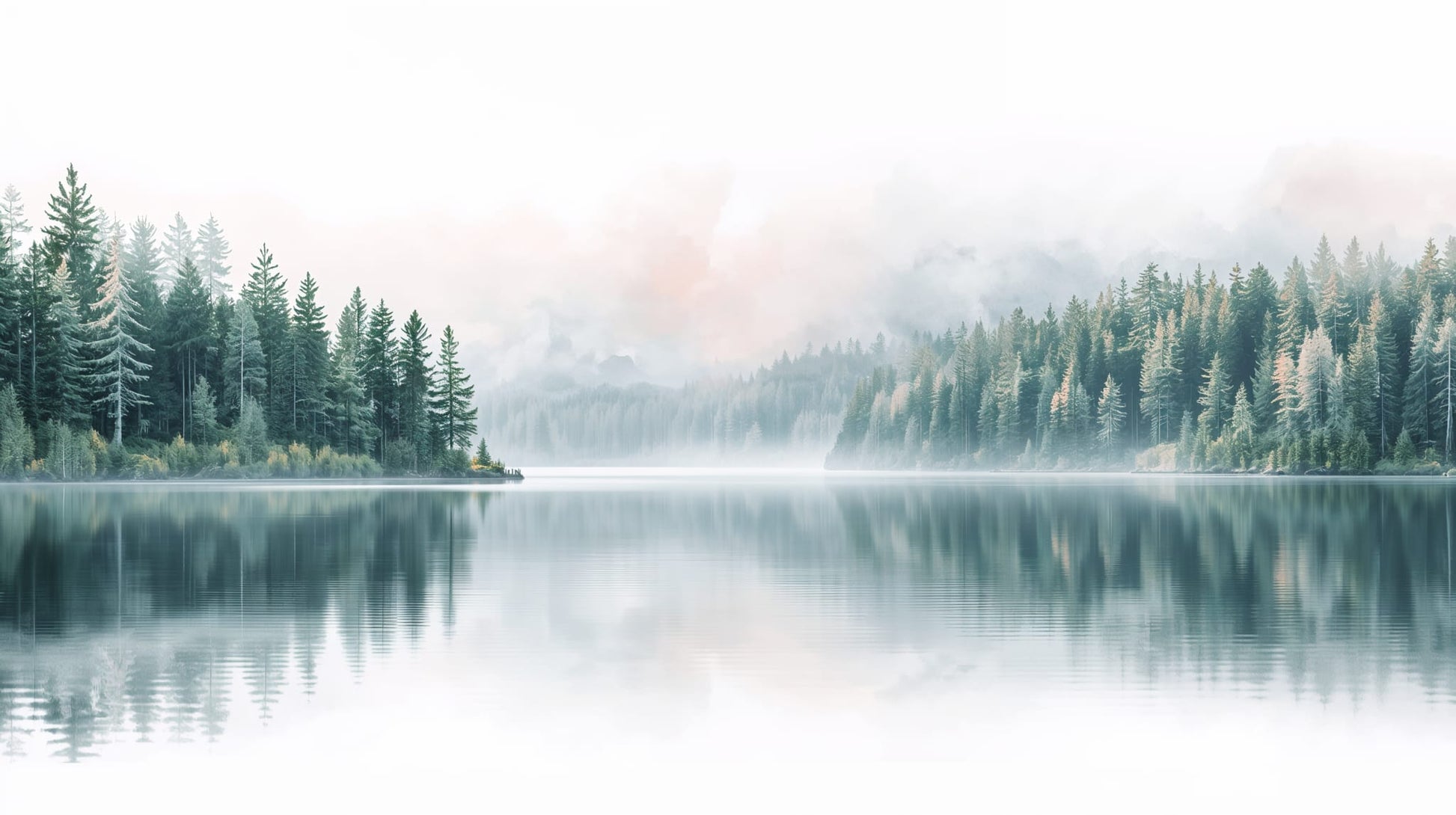 Atmospheric serene Mist Blue misty forest lake featuring evergreen trees and water reflections - Wall Mural & Peel and Stick Wallpaper for Painterly Interiors and Premium Home Styling