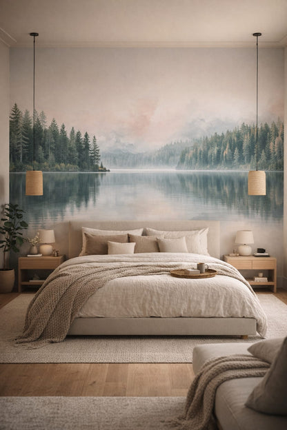 Japandi sand-toned misty forest lake featuring evergreen trees - Wall Mural Peel and Stick Wallpaper for Japandi Master Bedroom.