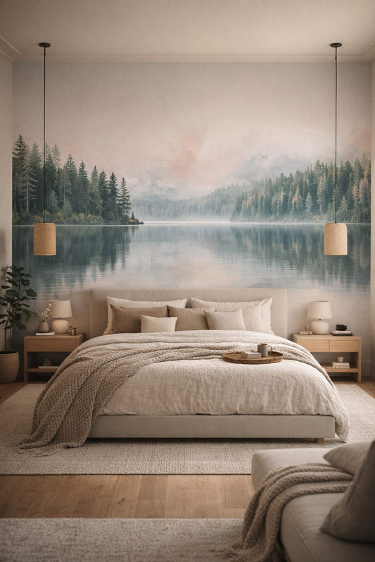 Japandi sand-toned misty forest lake featuring evergreen trees - Wall Mural Peel and Stick Wallpaper for Japandi Master Bedroom.
