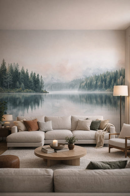 Organic Modern cream-toned misty forest lake featuring evergreen trees - Wall Mural Peel and Stick Wallpaper for Organic Modern Living Room.