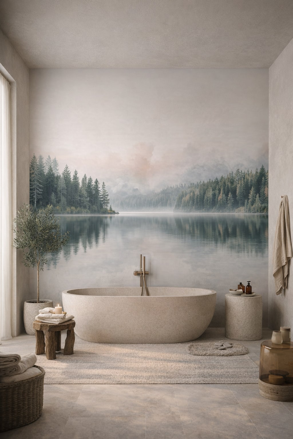Wabi-sabi muted-earth misty forest lake featuring water reflection - Wall Mural Peel and Stick Wallpaper for Wabi-sabi Luxury Bathroom.